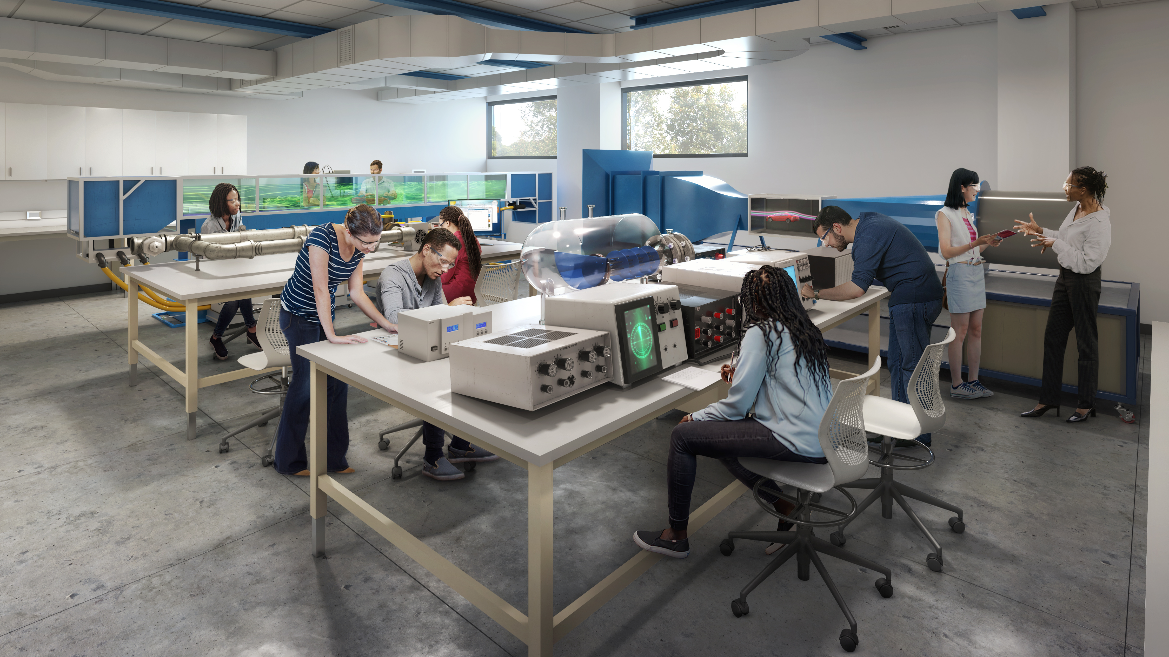 Artist's Rendering: Students and faculty using technology in the engineering fluids and process control lab