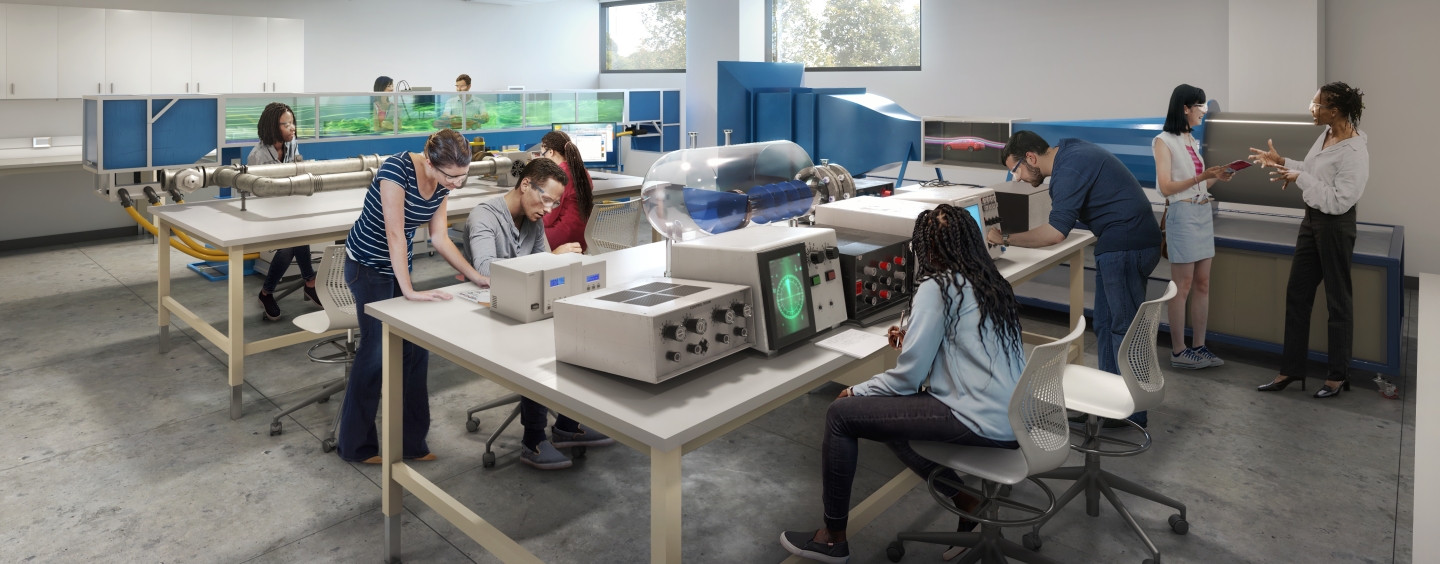 Artist's Rendering: Students and faculty using technology in the engineering fluids and process control lab